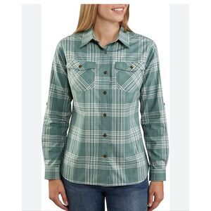 CARHARTT Rugged Flex Slightly Fitted Sage Green Plaid Button Up Shirt-M